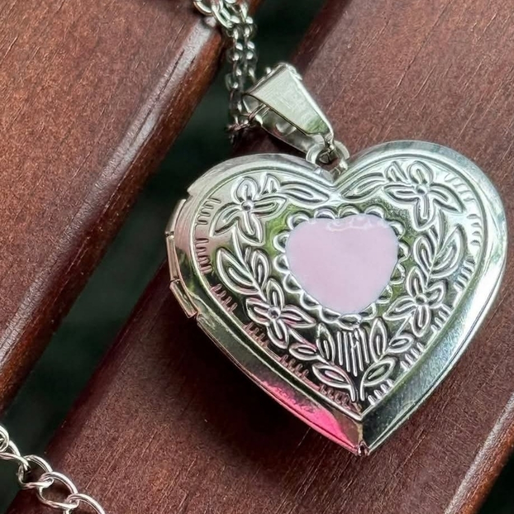 Romantic Silver Long Heart Locket Necklace with Pink Center Valentine's Day
